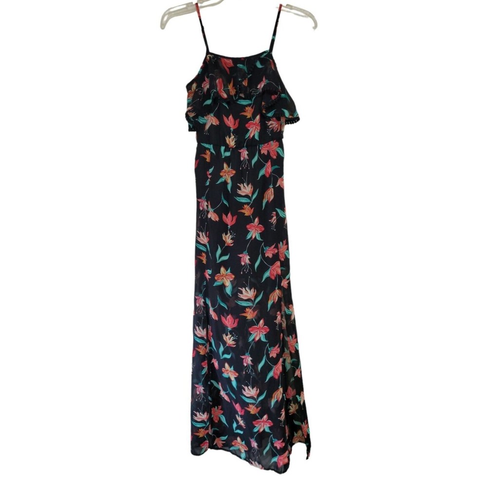 Candie's Women's Sz XS Spaghetti Strap Long Maxi Slit Dress Floral Design Lined